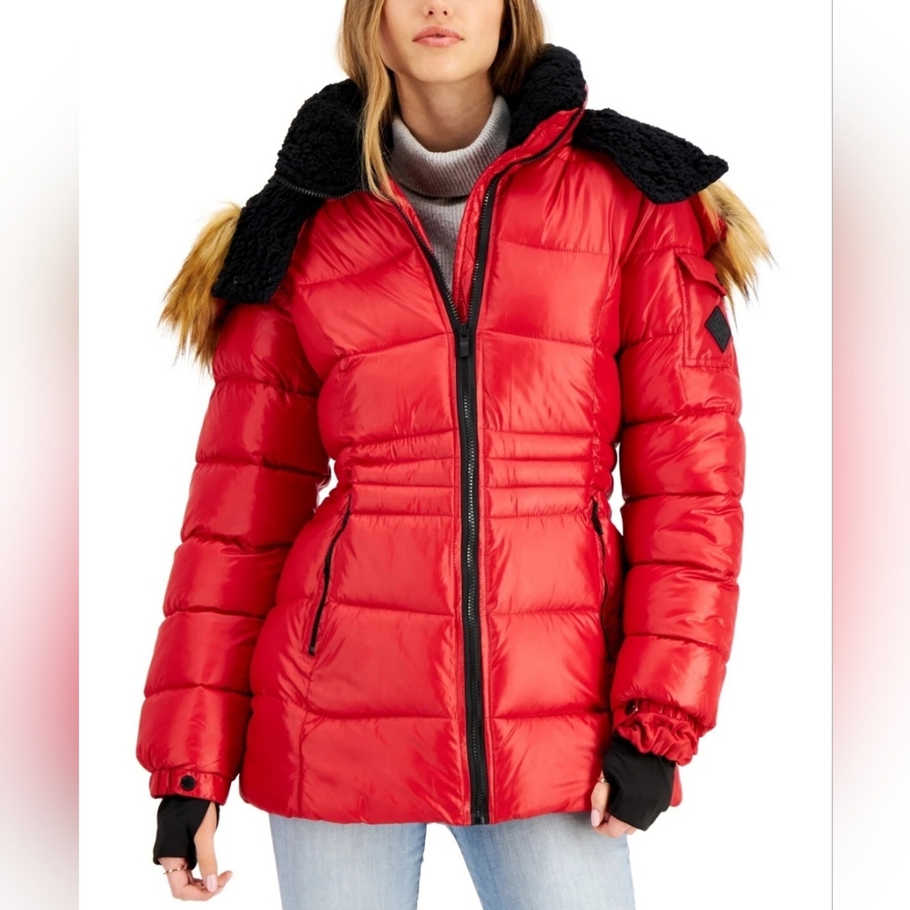 Steve Madden Women's Shine Red Puffer Jacket with Faux Fur Trim Medium
